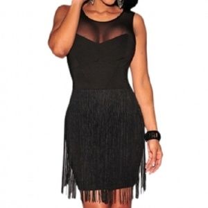 Black Mesh Accent Fringe Mini Dress